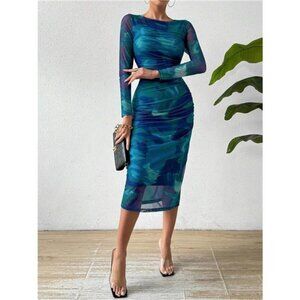 Watercolor Print Mesh Bodycon Midi Dress